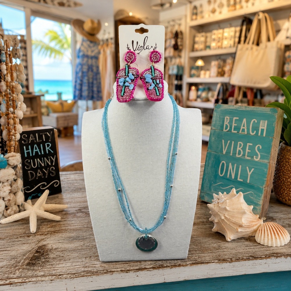 Boho Beaded Necklace Flip Flop Earrings Bundle Coastal Beach Resort Vacation Set